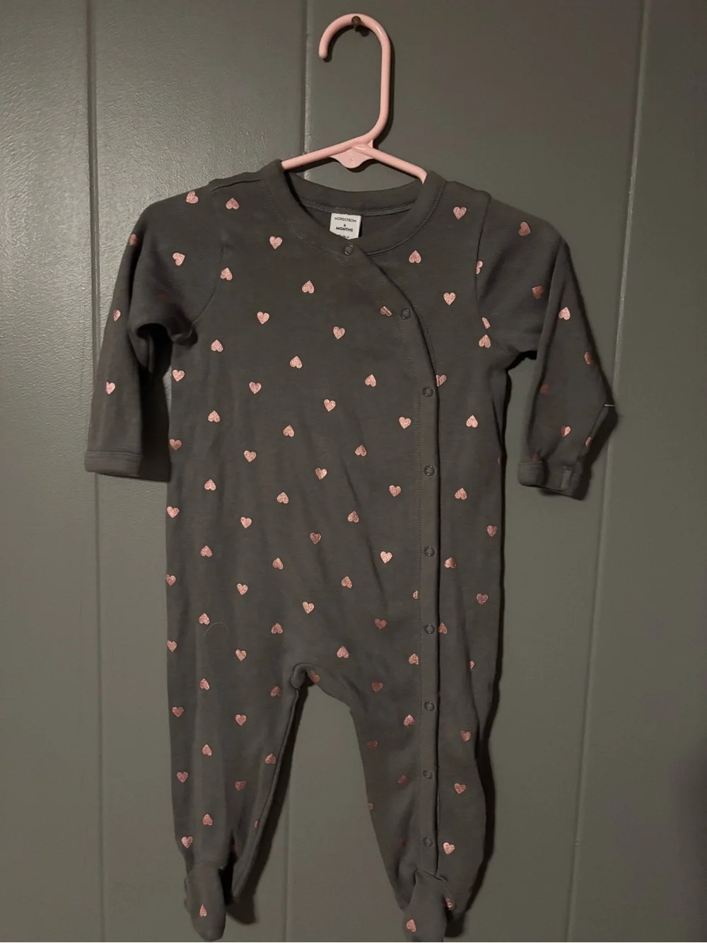 Nordstrom Gray Footed One-Piece with Pink Heart Print